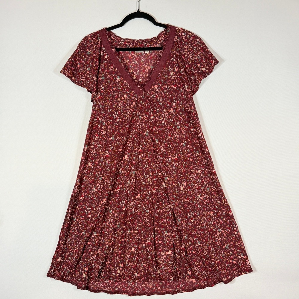 Esprit Women XS‎ Dress Burgundy Floral Lace Trim Short Sleeve Cottagecore Y2K